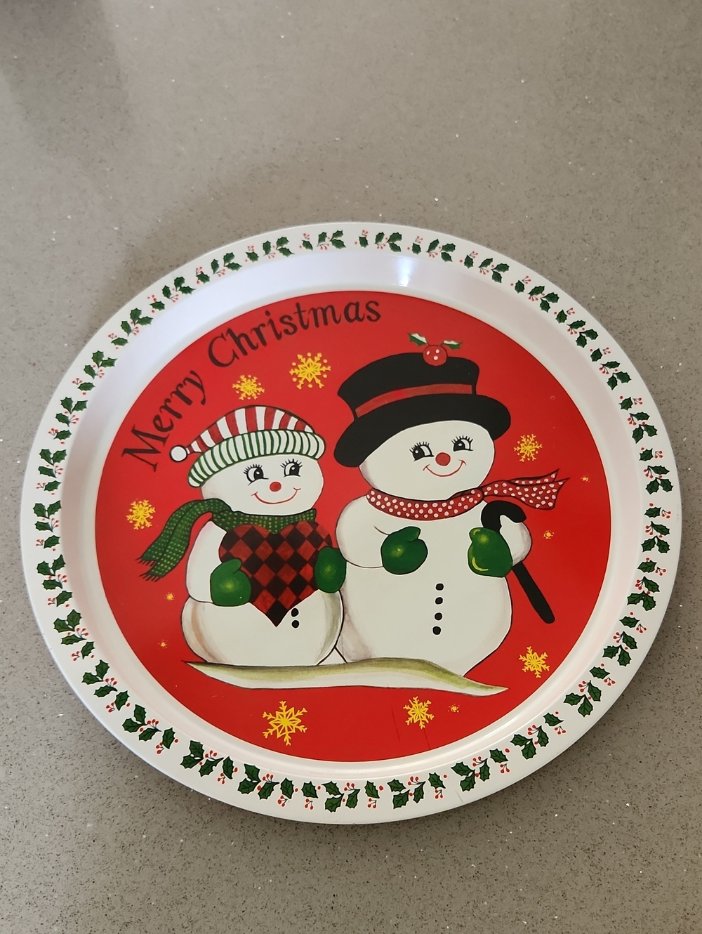 Vintage Christmas Snowman Round Serving Tray